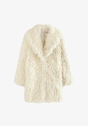 Kavna bunda iz umetnega krzna v kremni barvi z mehkim, teksturiranim zaključkom. Ima širok ovratnik in spuščena ramena, kar zagotavlja ohlapen, prevelik silhuet.