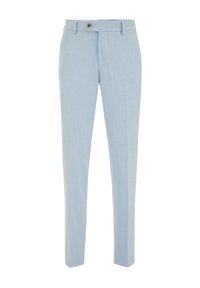 Világoskék, finom szövetből készült, szabott nadrág; lapos elülső rész, övhurkok és egy gombos záródás jellemzi. Slim fit fazon.
