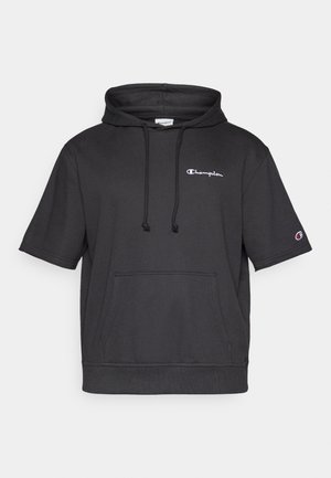 Black short-sleeve hoodie made of soft material, featuring a front kangaroo pocket, drawstring hood, and small white logo on the chest.
