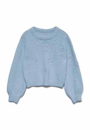 Jasnoniebieski sweter z dzianiny z okrągłym dekoltem, długimi bufkowatymi rękawami i haftowanymi kwiatowymi wzorami na przedzie. Krótki krój.