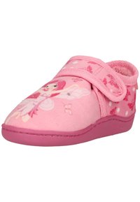 Chaussure enfant rose avec motifs de fée et papillon, équipée d'une bride à scratch et d'une semelle souple et rembourrée.