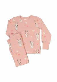 Pink pajama set made of soft fabric featuring a pattern of bunny faces and hearts. Includes a long-sleeve top and matching pants.