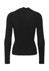 Fekete hosszú ujjú pulóver, testhez simuló szabással, bordás textúrával és kerek nyakkivágással. Látható záródás vagy díszítés nélkül.