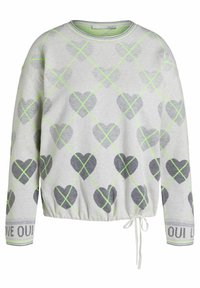 Světlý šedý pulovr s potiskem zelených a šedých srdcí, vybavený stahovací šňůrkou na spodním lemu a žebrovanými manžetami s nápisem "LOVE OUI".
