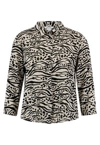 Košile s knoflíky z lehké látky, béžového základu s černým abstraktním zvířecím vzorem, límečkem a dlouhými rukávy.
