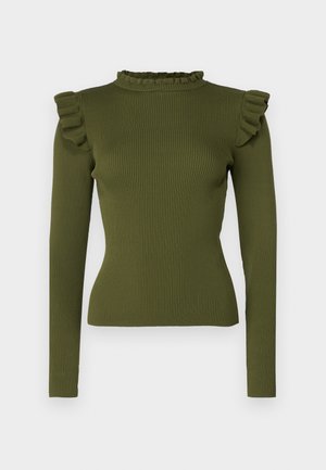 Tops à manches longues côtelées vert olive avec un col montant froncé et des accents sur les épaules, fabriqué dans un tissu extensible pour une silhouette ajustée.