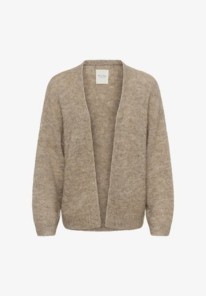 Beiger Strickcardigan mit offenem Vorderteil, überschnittenen Schultern und gerippten Bündchen. Weicher Stoff mit einer leicht lockeren Passform und minimalen Details.