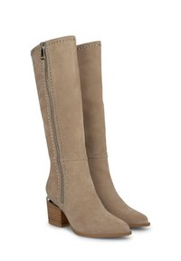 Stivali in suede taupe al ginocchio con punta affilata, tacco a blocco e dettagli in borchie argentate lungo la cerniera sul lato esterno.