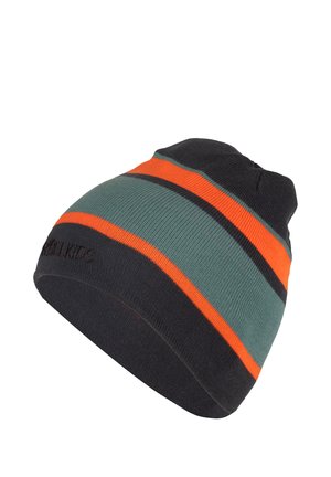 Knitted beanie in dark gray with horizontal stripes in teal and orange. Features a fold-over cuff with branding. Soft texture, seamless design.