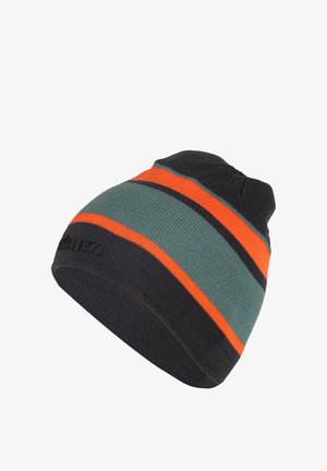 Gestrickte Mütze in Dunkelgrau mit horizontalen Streifen in Türkis und Orange. Verfügt über einen umgeschlagenen Bund mit Markenlogo. Weiche Textur, nahtloses Design.