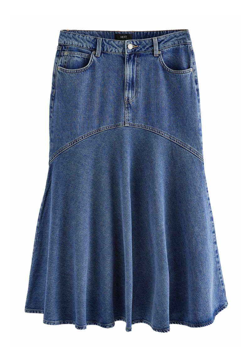 Denimrock in Mittelblau, A-Linie Form, mit hoher Taille, fünf Taschen und einem ausgestellten Saum. Texturiert mit sichtbaren Nähten.