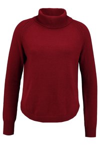 Czerwony sweter na drutach z wysokim kołnierzem, prążkowanymi mankietami i dołem. Posiada delikatne detale na ramionach i luźny krój.