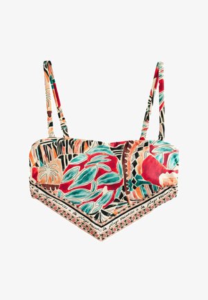 Kolorowy top od bikini z abstrakcyjnym tropikalnym wzorem liści i wzorem, z cienkimi ramiączkami i francuskim napisem zdobiącym dolną krawędź.