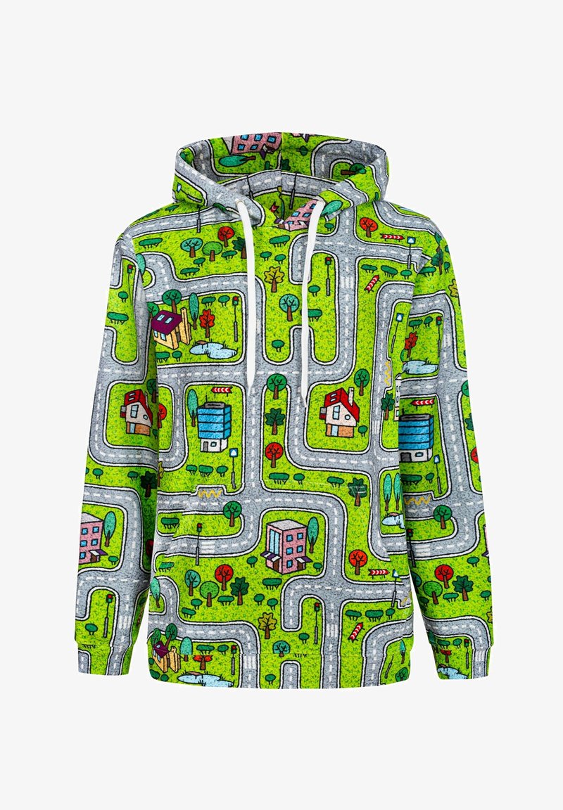 Felpa con cappuccio caratterizzata da un vivace motivo stampato che raffigura strade, case, alberi e stagni, simile a una mappa di una città giocosa.