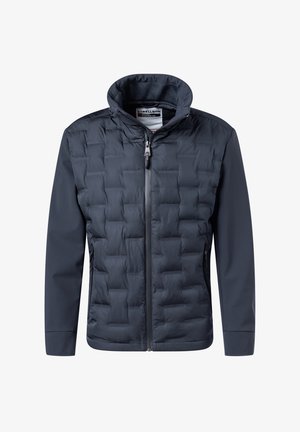 Marineblaue Hybridjacke mit gestepptem Vorderteil, glatten Ärmeln, hohem Kragen und Reißverschluss. Das Material wirkt funktional und leicht.