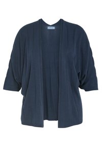 Marinblå öppen cardigan med avslappnad passform, korta dolmanärm, ribbat tyg och vertikala randdetaljer. Lättviktigt material.