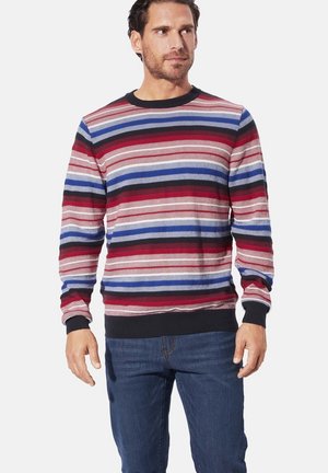 Red, blue, and gray striped sweater made of ribbed fabric; crew neckline, black cuffs and hem, featuring horizontal patterns across the design.