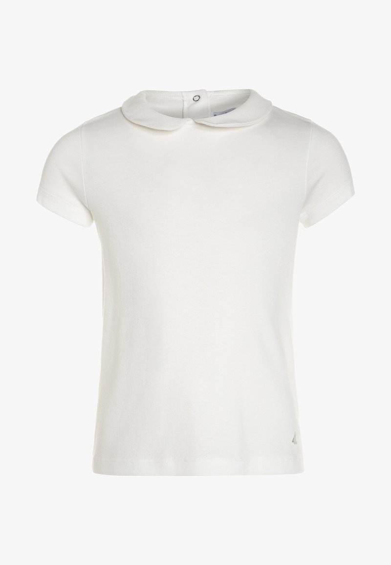 Biała koszulka dla malucha z krótkim rękawem, zaokrąglonym kołnierzykiem typu Peter Pan oraz zapięciem na guziki z tyłu, wyświetlona na jednolitym tle.