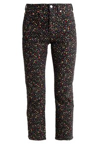 Jeans negros con estampado multicolor de pequeñas flores, diseño ajustado, cinco bolsillos y hardware de botón metálico en la cintura.