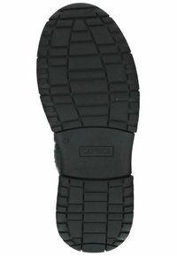 Suela de goma negra con un patrón de relieve texturizado. Presenta un diseño plano y un logo de marca centrado. Adecuado para diversos estilos de calzado.
