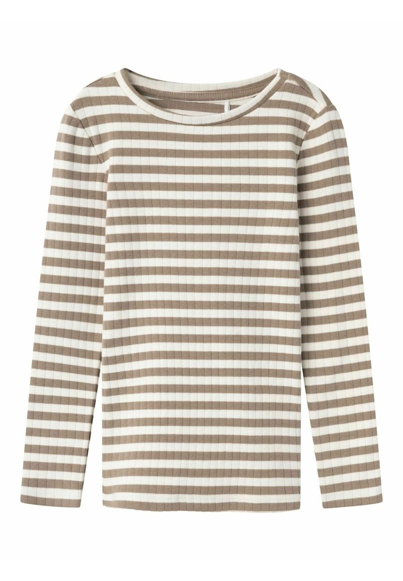 Jasnobrązowa i kremowa, paskowana bluzka z długim rękawem, o prążkowanej fakturze, okrągłym dekolcie i prostym kroju.