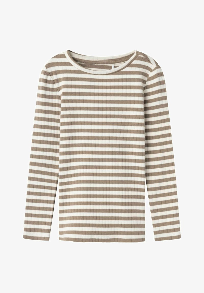 Jasnobrązowa i kremowa, paskowana bluzka z długim rękawem, o prążkowanej fakturze, okrągłym dekolcie i prostym kroju.