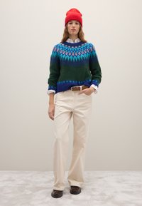 Maglione lavorato a maglia verde con motivo geometrico blu e turchese, abbinato a pantaloni crema e scarpe marroni. Berretto rosso, camicia bianca sotto.