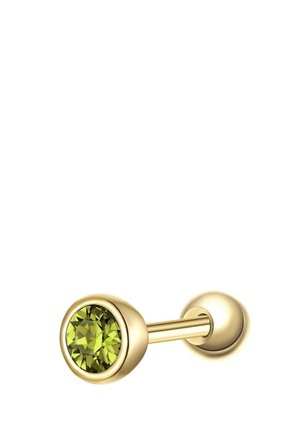 Goldene Hantel-Ohrringe mit einem runden grünen facettierten Edelstein an einem Ende und einer glatten goldenen Kugel am anderen Ende.