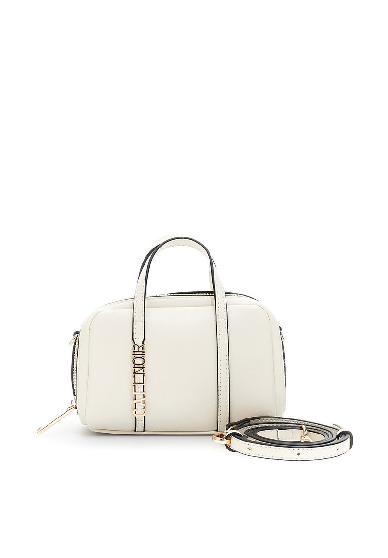 Bílá kabelka z umělé kůže s černými akcenty, obdélníkový tvar, dvojité uchy, nastavitelný popruh a zlacené kovové detaily na přední straně.