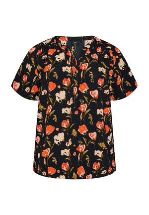 Čierna blúzka s krátkym rukávom s červeno-ružovo-béžovým kvetinovým vzorom, okrúhlym výstrihom a zapínaním na gombíky vpredu.