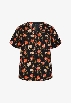 Čierna blúzka s krátkym rukávom s červeno-ružovo-béžovým kvetinovým vzorom, okrúhlym výstrihom a zapínaním na gombíky vpredu.