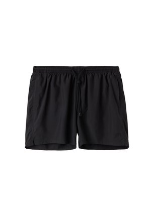 Schwarze Badeshorts aus leichtem Material, mit elastischem Bund und Kordelzug, seitlichen Taschen und dezentem Markenlogo.