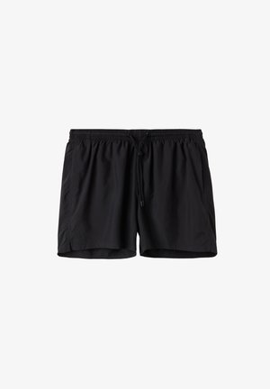 Schwarze Badeshorts aus leichtem Material, mit elastischem Bund und Kordelzug, seitlichen Taschen und dezentem Markenlogo.