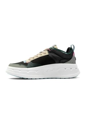 Sneakers with a black and green upper, beige accents, textured materials, and a chunky white sole. Features lace closure and side loop.