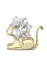 Figurina di leone color oro con accenti di cristallo trasparente sulla criniera, che presenta una superficie del corpo liscia e una coda arricciata.