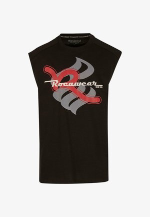 Camiseta sin mangas negra de algodón, con un atrevido diseño gráfico en rojo y gris que incluye el texto "Rocawear" y "Club 1999".