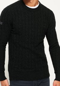 Maglione a maglia cable verde scuro con scollatura rotonda e polsini a costine. Presenta una piccola toppa sul petto. Texture morbida e design aderente.