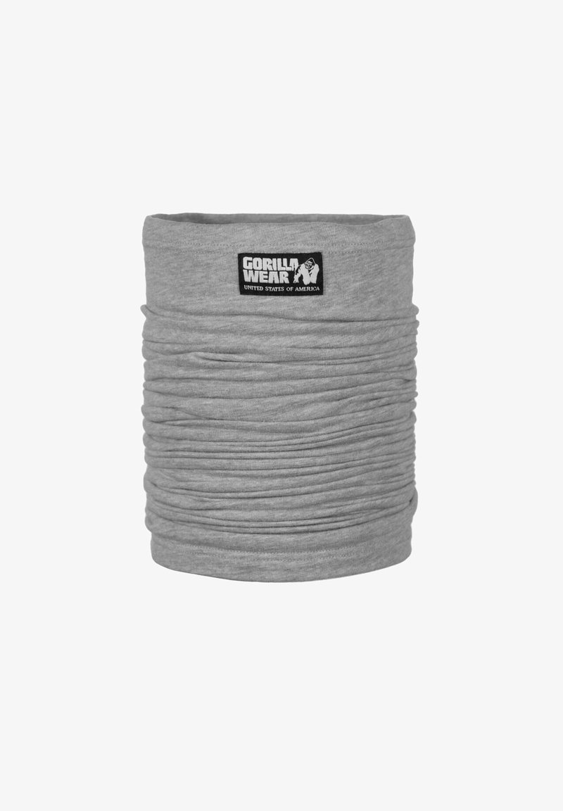 Grijze nekwarmer van zacht, rekbaar materiaal met een gathered ontwerp. Voorzien van een zwart logopatch met tekst aan de voorkant.