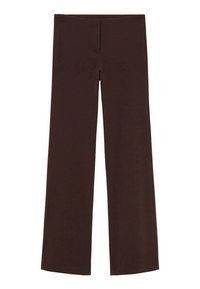 Pantalons larges marron en tissu extensible. Ils présentent une texture lisse et un design simple et épuré sans embellissements supplémentaires.