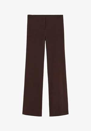 Rjave široke hlače iz elastičnega materiala. Imajo gladko teksturo in preprost, čist dizajn brez dodatnih okraskov.