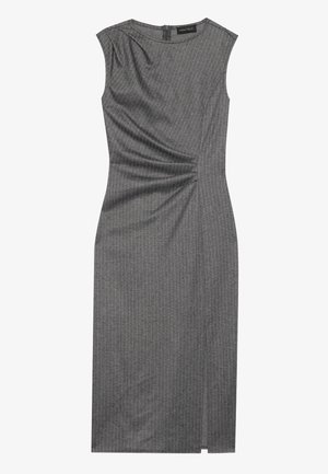Gray dress with a fitted shape, cap sleeves, and subtle pinstripe design. Features a side ruching detail and a back zip closure.