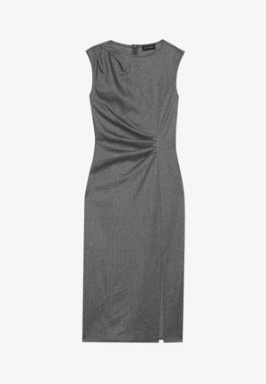 Gray dress with a fitted shape, cap sleeves, and subtle pinstripe design. Features a side ruching detail and a back zip closure.