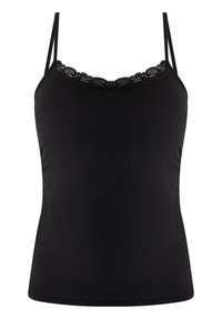 Top negru din material elastic, cu bretele subțiri ajustabile și un tiv din dantelă la decolteu. Textură netedă, design ajustat.