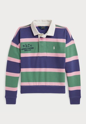Camisa de rugby de algodão com mangas longas, apresentando riscas horizontais em azul-marinho, verde, rosa e um colarinho branco. Logótipo bordado no peito.