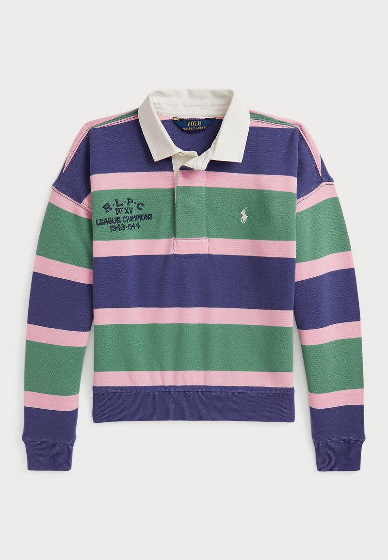 Camisa de rugby de algodão com mangas longas, apresentando riscas horizontais em azul-marinho, verde, rosa e um colarinho branco. Logótipo bordado no peito.