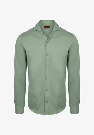 Langärmeliges, salbeigrünes Hemd mit Knöpfen, ausgestelltem Kragen und abgerundetem Saum, frontseitig vor weißem Hintergrund dargestellt.