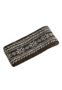Accessoire en tricot marron et crème avec un motif géométrique, présentant une surface douce et texturée et une forme rectangulaire.