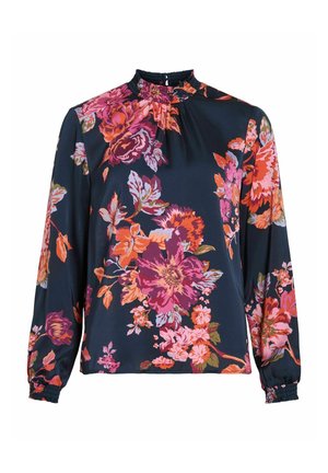 Bloemige blouse in donker marineblauw, featuring roze en oranje bloemen. Lange mouwen met elastische manchetten en een gerimpelde hoge halslijn. Glad stof.
