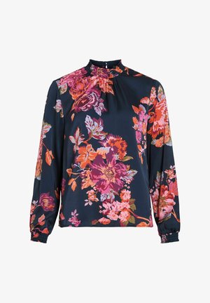 Bloemige blouse in donker marineblauw, featuring roze en oranje bloemen. Lange mouwen met elastische manchetten en een gerimpelde hoge halslijn. Glad stof.