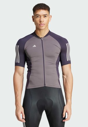 Maglia da ciclismo a manica corta grigia e viola scuro con zip anteriore e logo Adidas. Design aderente con pannelli laterali a contrasto.